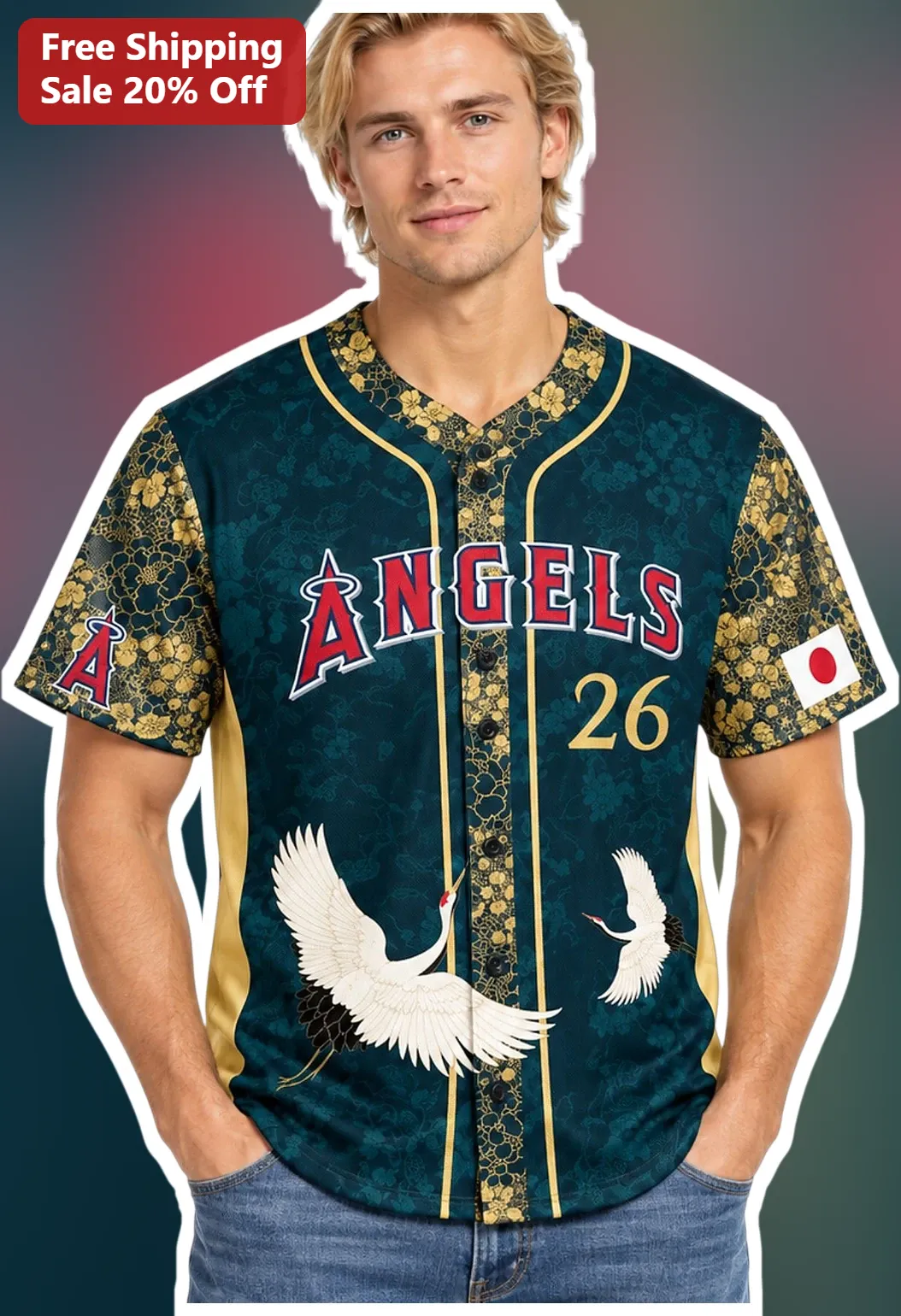 Angels Jersey Japanese Style Crane Pattern Baseball Uniform Men Women Custom Name Number
