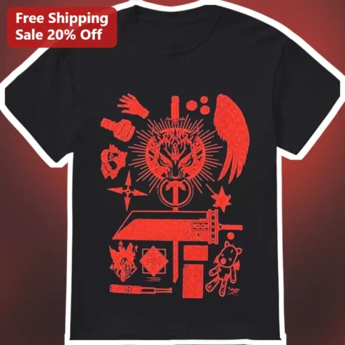 Anime Gaming Icons Tee Red Wolf Sword Wings Graphic Shirt for Gamers Otaku