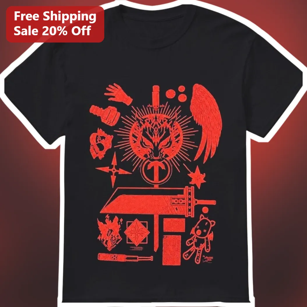Anime Gaming Icons Tee Red Wolf Sword Wings Graphic Shirt for Gamers Otaku