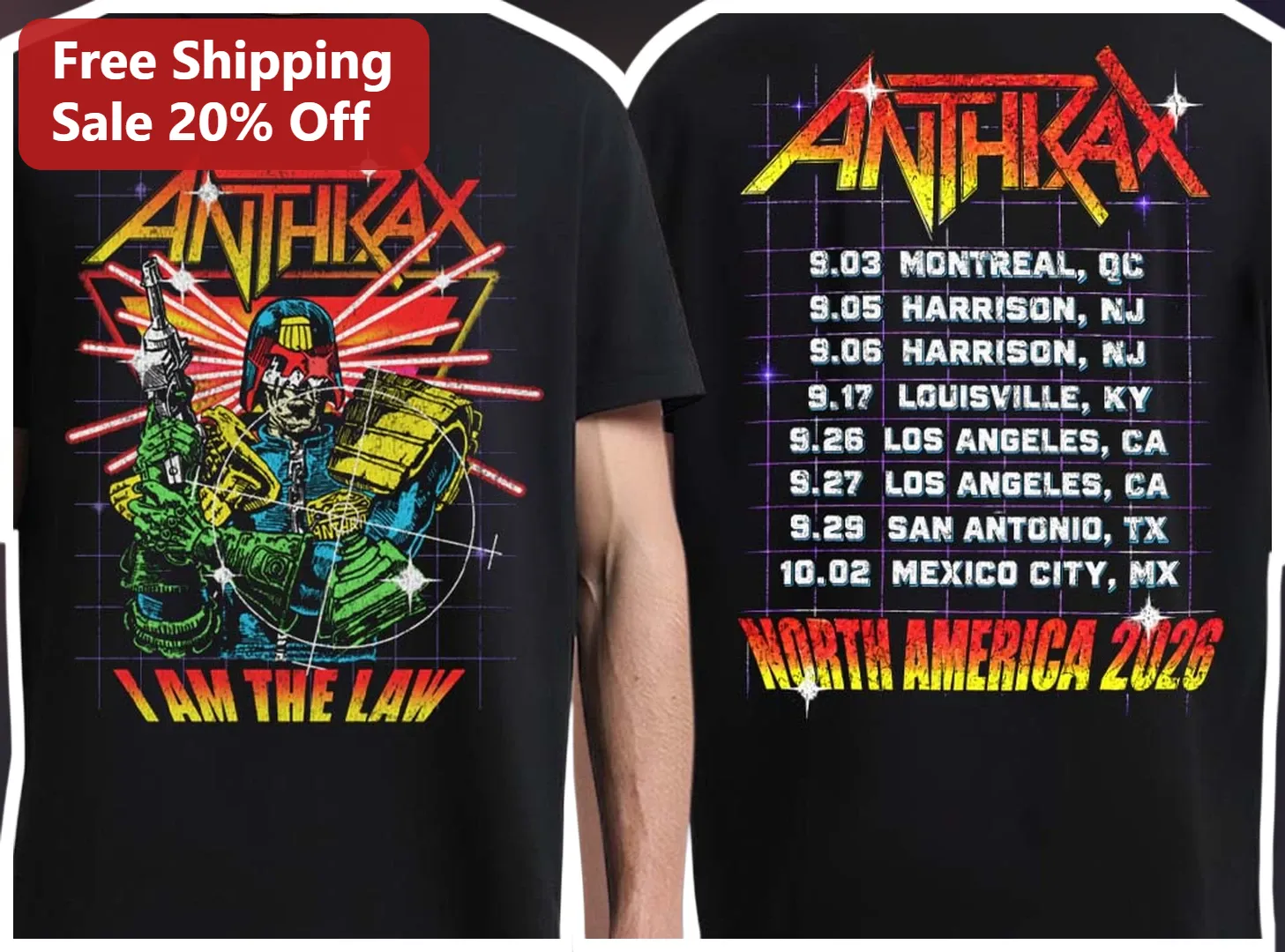 Anthrax I Am The Law Judge Dredd Graphic Tee Thrash Metal Band Merch Shirt