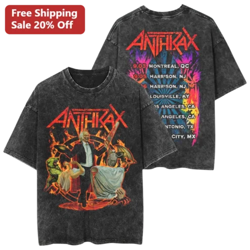 Anthrax Vintage Band Logo Acid Wash Tee Heavy Metal Thrash Merch Gift for Men