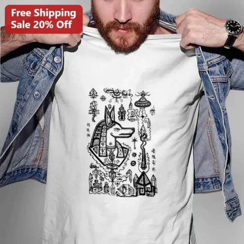 Anubis Egyptian God Ancient Egypt Mystical Line Art Tee Unisex Cotton Shirt
