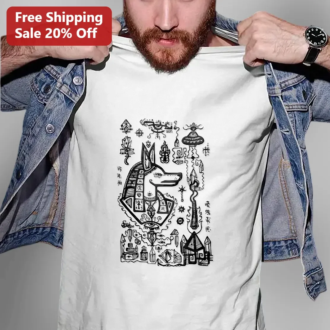 Anubis Egyptian God Ancient Egypt Mystical Line Art Tee Unisex Cotton Shirt