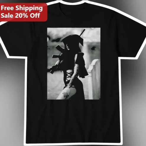 Armed Nun Gothic Aesthetic Tee Combat Nun Dark Humor Graphic Shirt for Women Men