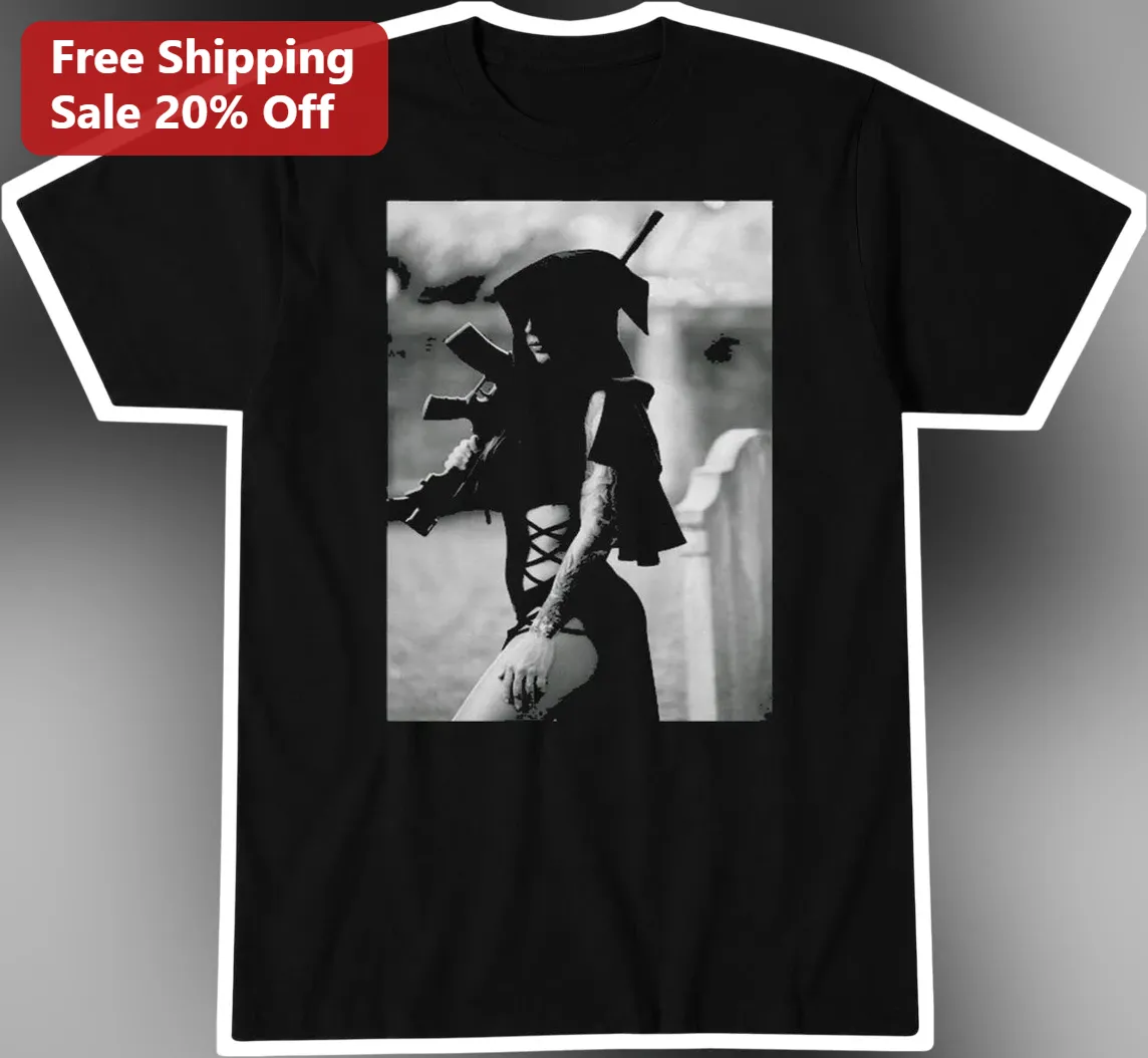 Armed Nun Gothic Aesthetic Tee Combat Nun Dark Humor Graphic Shirt for Women Men