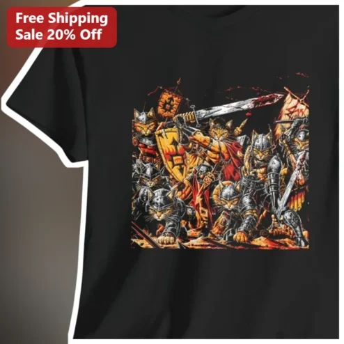 Armored Warrior Cats Fantasy Battle Tee Dark Epic Medieval Cat Art Graphic Shirt for Men Women