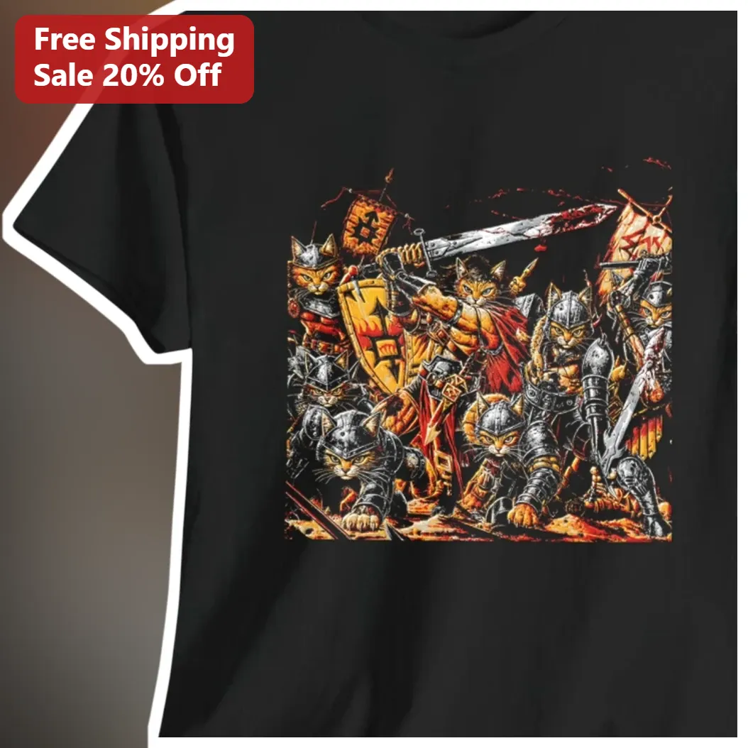 Armored Warrior Cats Fantasy Battle Tee Dark Epic Medieval Cat Art Graphic Shirt for Men Women
