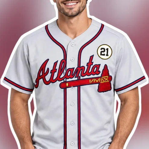 Atlanta Baseball Jersey Retro Grey Button Up Fan Apparel Gift for Men