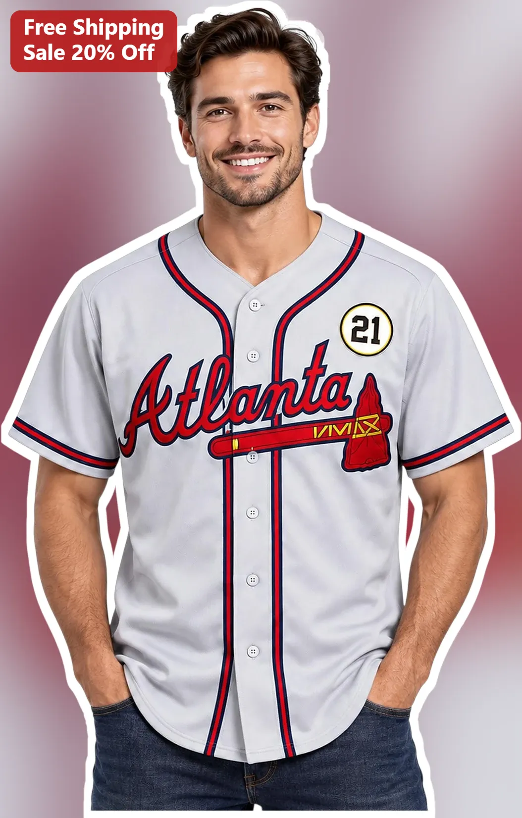 Atlanta Baseball Jersey Retro Grey Button Up Fan Apparel Gift for Men