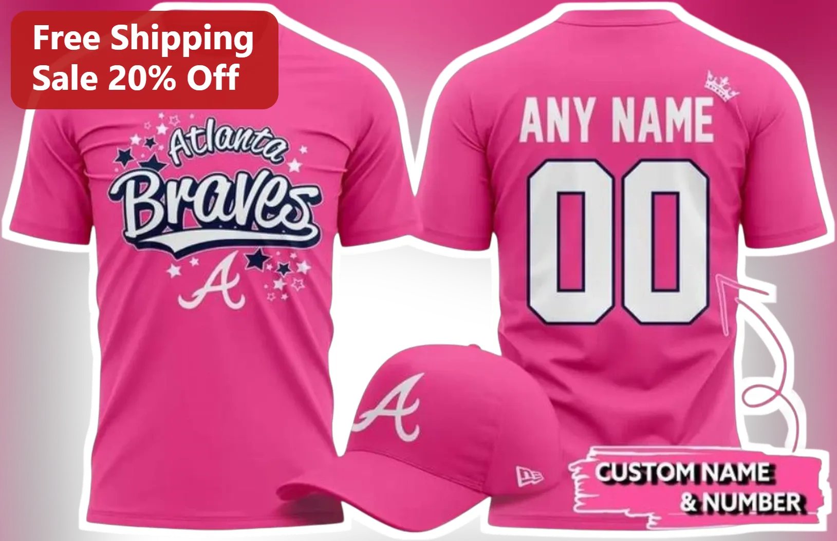 Atlanta Braves Personalized Name Number Graphic Tee for Women Fans