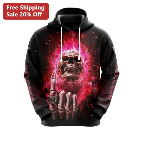 Atlanta Falcons Hoodie Black Flaming Skull Skeleton Hand Edgy NFL Fan Gear