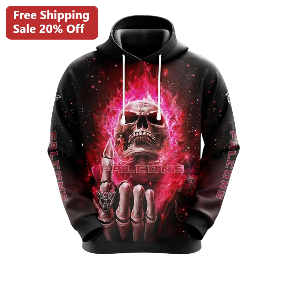 Atlanta Falcons Hoodie Black Flaming Skull Skeleton Hand Edgy NFL Fan Gear