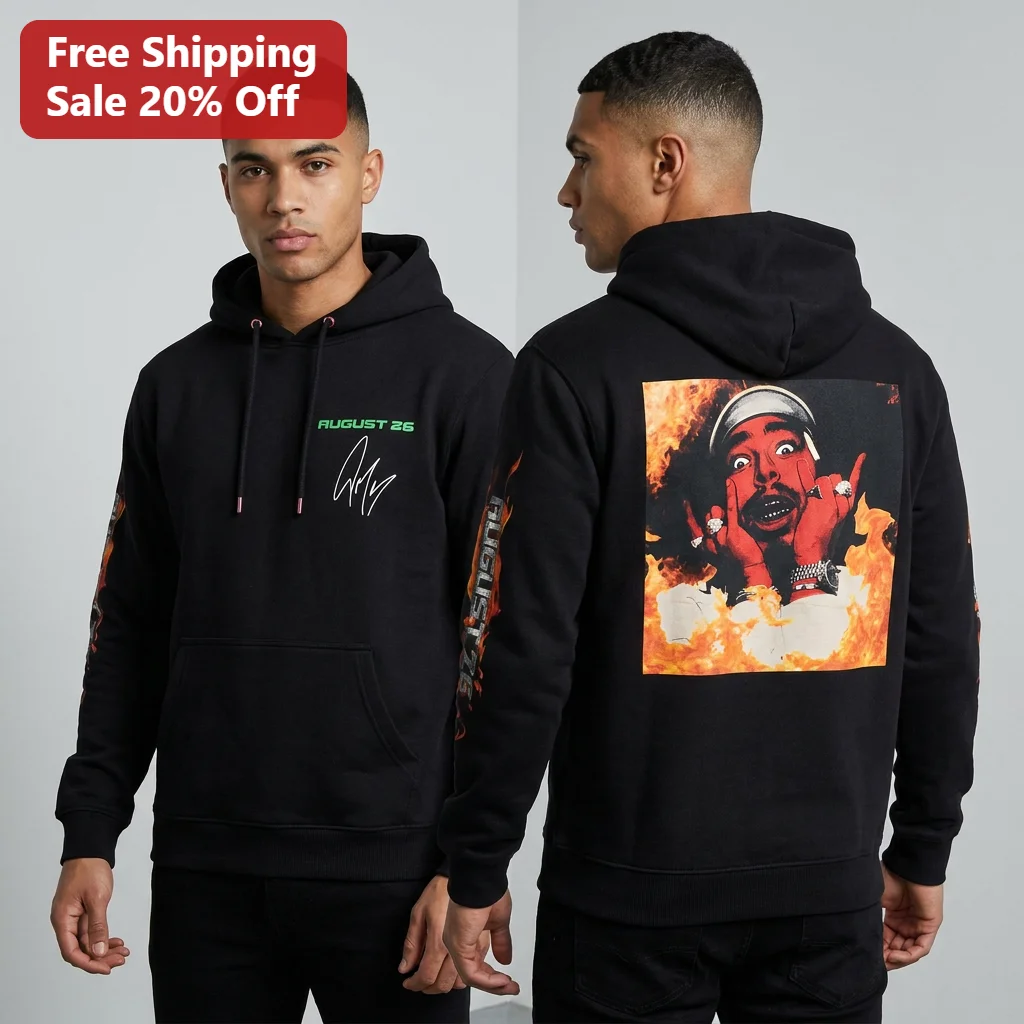 August 26 Hoodie Flame Signature of August 08 Hip Hop Rap Artist Streetwear Gift for Men Women Music Fans
