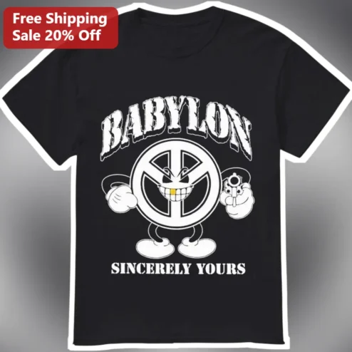 Babylon Sincerely Yours Punk Rock Graphic Tee Black Cartoon Peace Sign Shirt