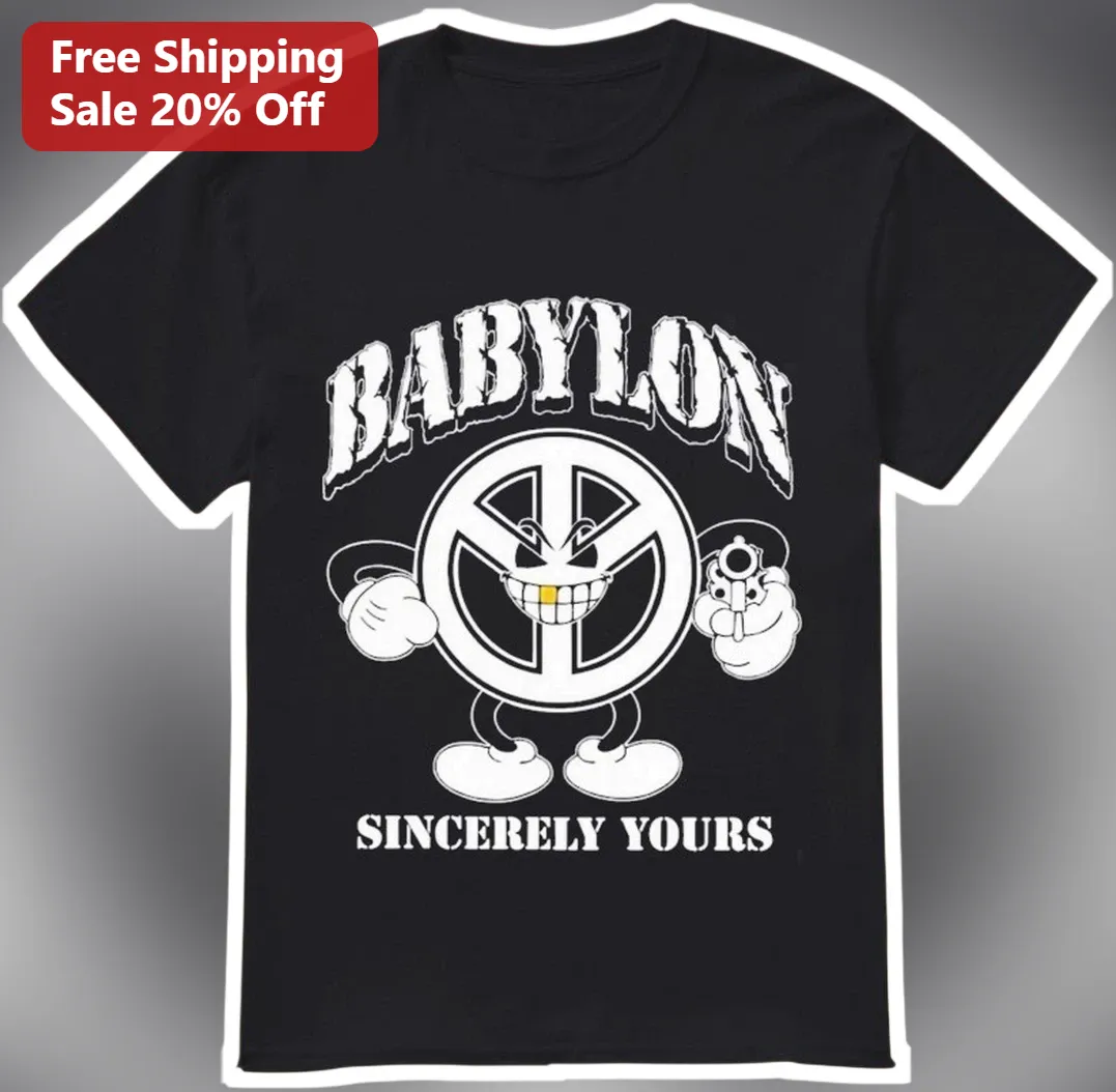 Babylon Sincerely Yours Punk Rock Graphic Tee Black Cartoon Peace Sign Shirt