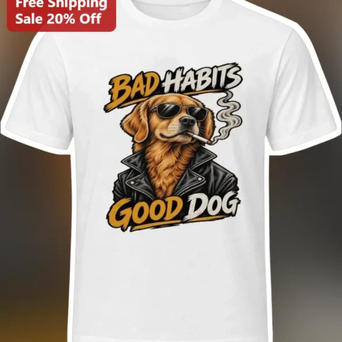 Bad Habits Good Dog Golden Retriever Biker Graphic Tee Funny Pet Owner Gift