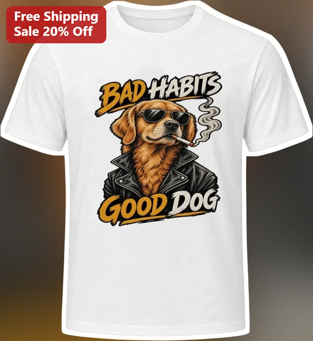 Bad Habits Good Dog Golden Retriever Biker Graphic Tee Funny Pet Owner Gift