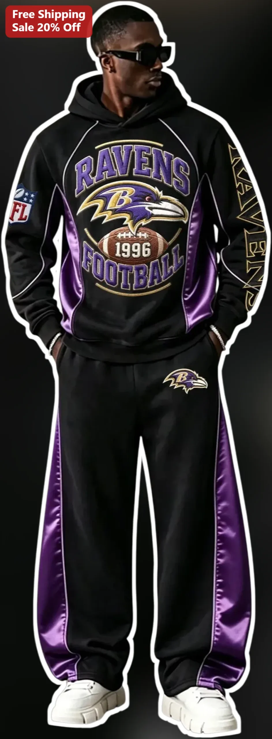 Baltimore Ravens Football Tracksuit Retro Satin Panel Hoodie Set for Men NFL Fans