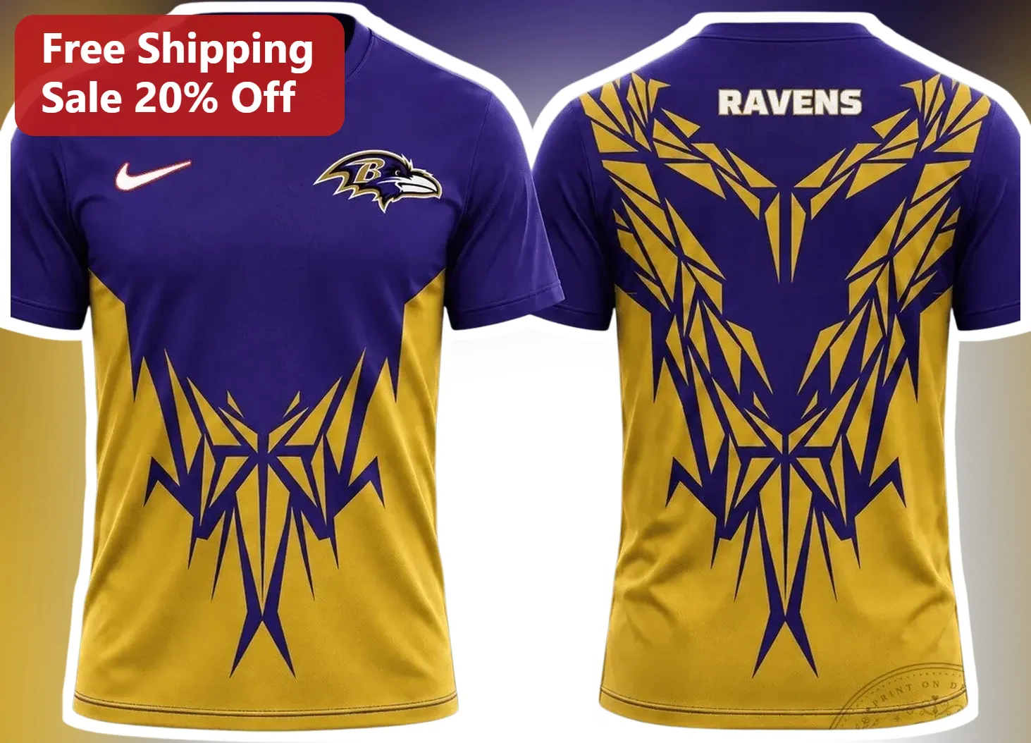 Baltimore Ravens Tee Geometric Tribal Raven Wings Purple Gold NFL Fan Graphic Shirt