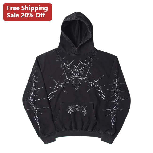 Barbed Wire Chaos Hoodie Punk Grunge Graphic Pullover Black Streetwear