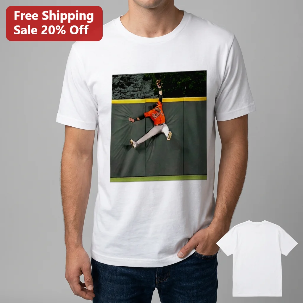 Baseball Outfielder Leaping Catch At The Wall Tee, Sports Action Photo Graphic Tee Gift For Baseball Fans