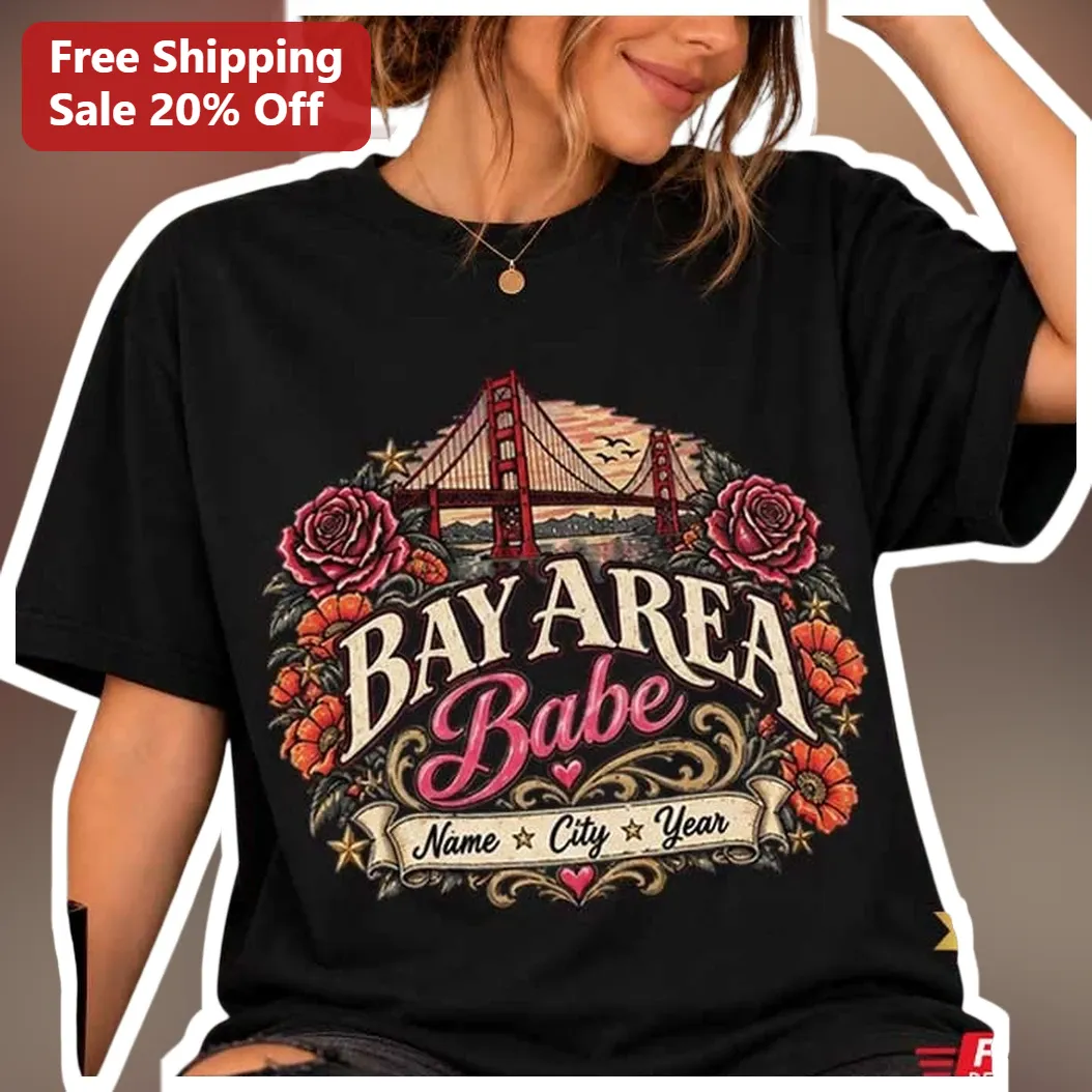 Bay Area Babe Tee Vintage Golden Gate Bridge Floral Graphic Shirt for Women