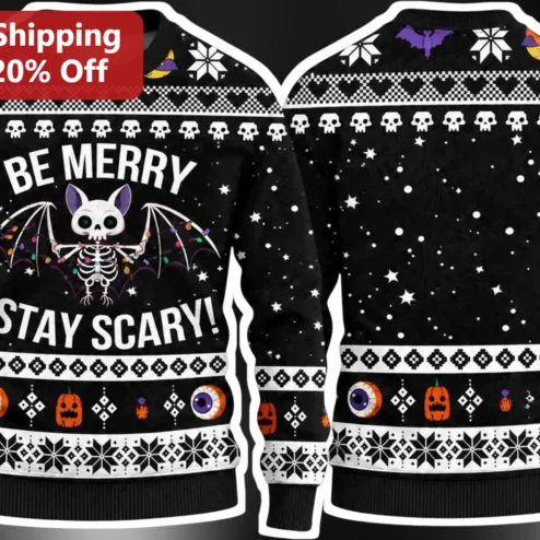 Be Merry Stay Scary Halloween Christmas Sweater Spooky Skeleton Bat Gothic Holiday Ugly Knitwear Gift