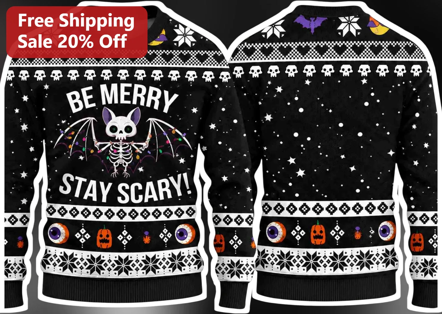 Be Merry Stay Scary Halloween Christmas Sweater Spooky Skeleton Bat Gothic Holiday Ugly Knitwear Gift