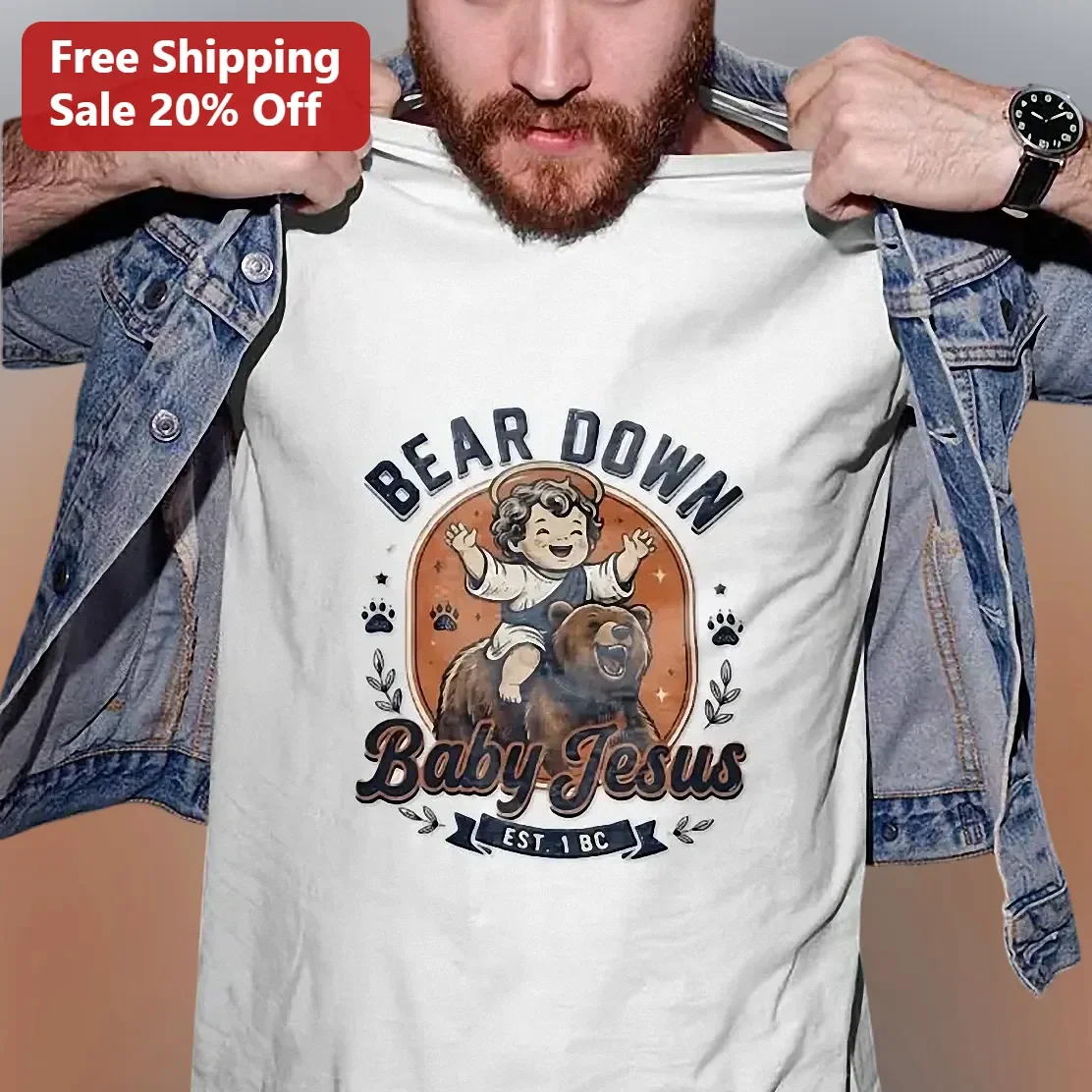 Bear Down Baby Jesus EST. 1 BC Vintage Badge Graphic Tee