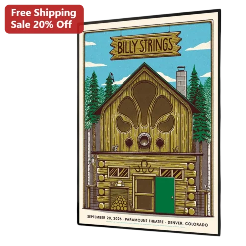 Billy Strings Poster Vintage Folk Art Log Cabin Acoustic Guitar Concert Gig Print Wall Decor