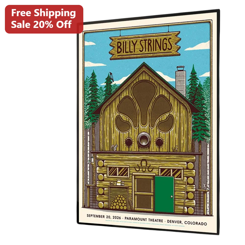 Billy Strings Poster Vintage Folk Art Log Cabin Acoustic Guitar Concert Gig Print Wall Decor
