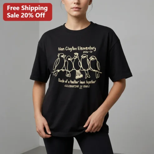 Birds of a Feather Learn Together Celebrating 20 Years Tee, Personalized School Anniversary Gift for Teachers and Elementary Staff