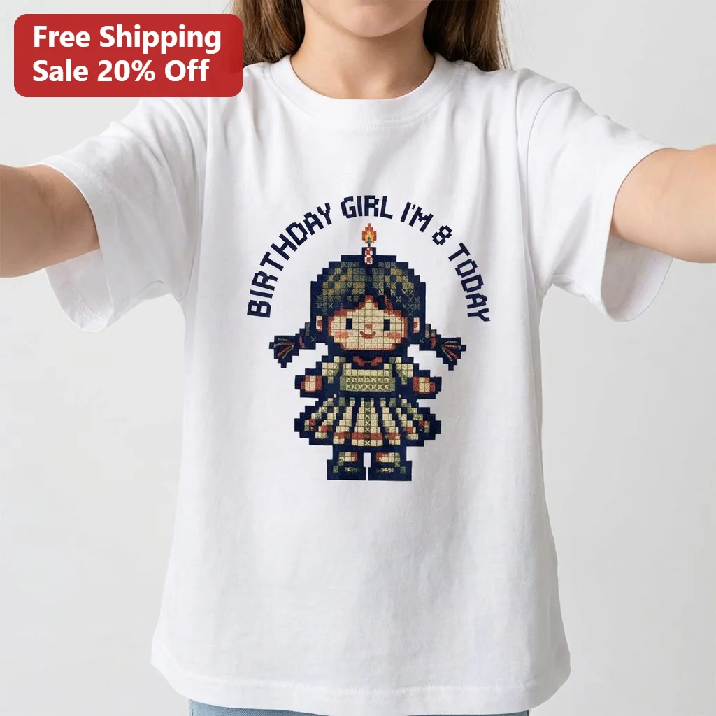 Birthday Girl I'm 8 Today Tee Retro Pixel Art 8th Birthday Shirt Cute Kids Birthday Party Gift