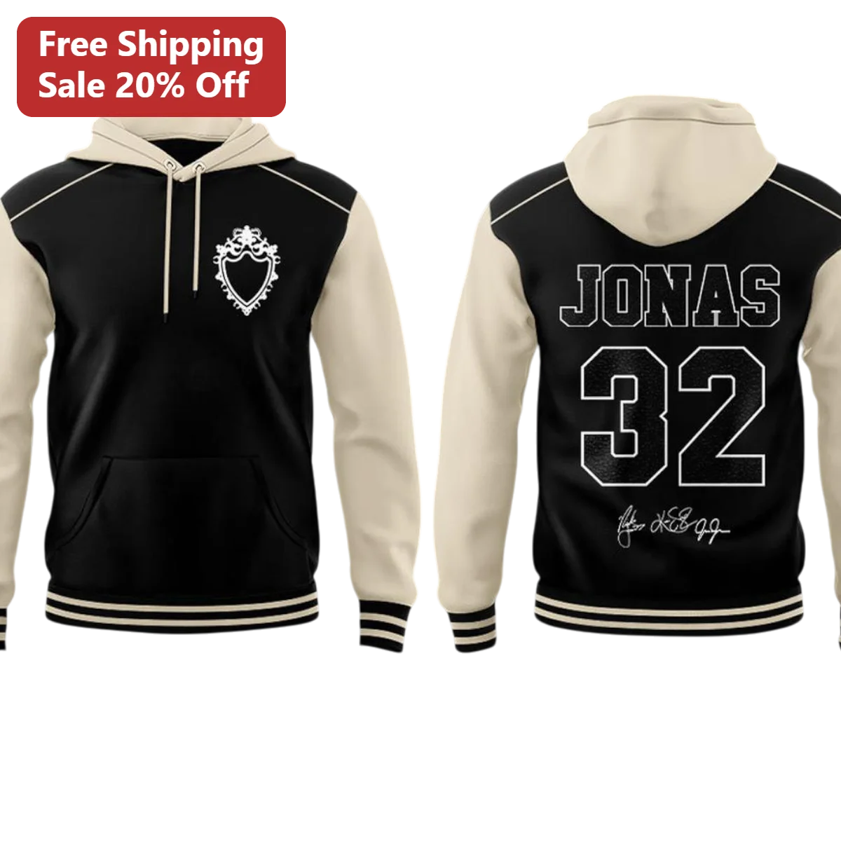 Black And Cream Raglan Hoodie With Ornate Crown Crest Logo Personalized Varsity Style