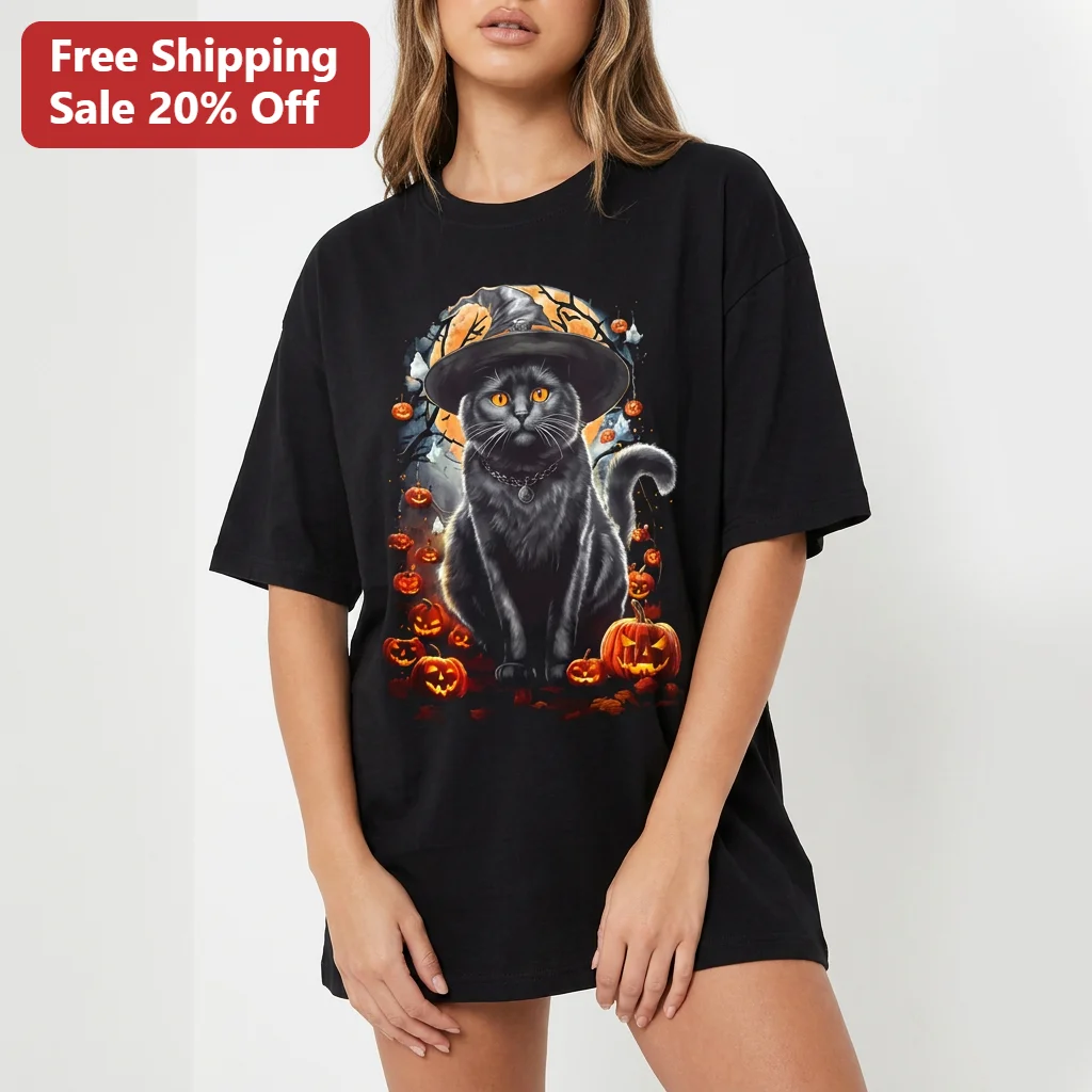 Black Cat Witch Halloween Tee, Spooky Witch Cat with Jack O Lanterns Pumpkin Shirt, Halloween Gift for Cat Lovers
