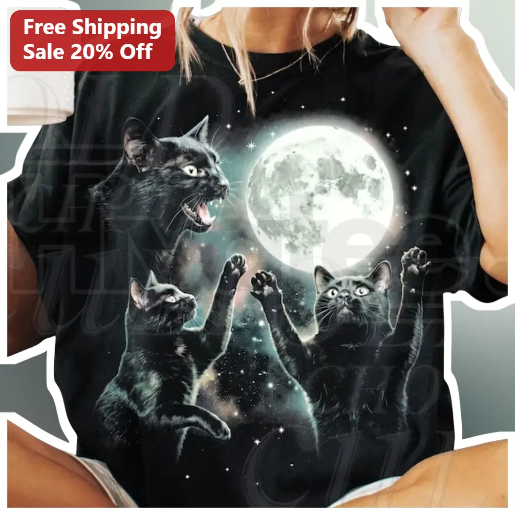 Black Cats Reaching for Moon Galaxy Tee Cute Celestial Cat Lover Gift