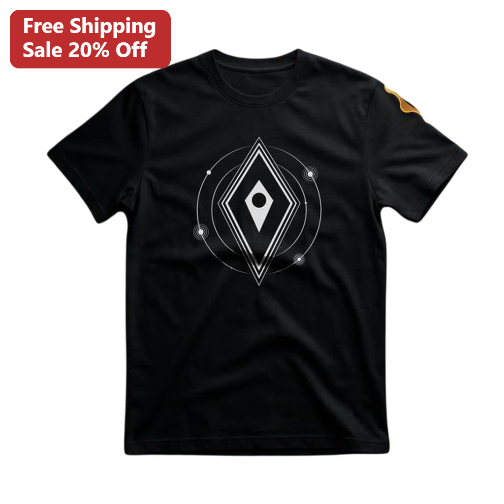 Black Geometric Graphic Tee Abstract Diamond Orbit Minimalist Sci-Fi Shirt for Men and Women