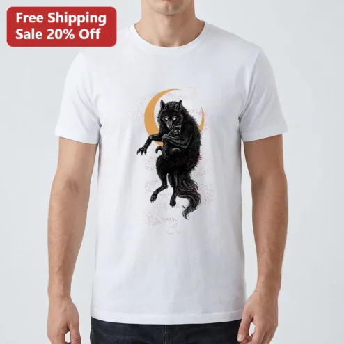 Black Wolf Cradling Cat Crescent Moon Tee, Mystical Celestial Animal Graphic Shirt Gift