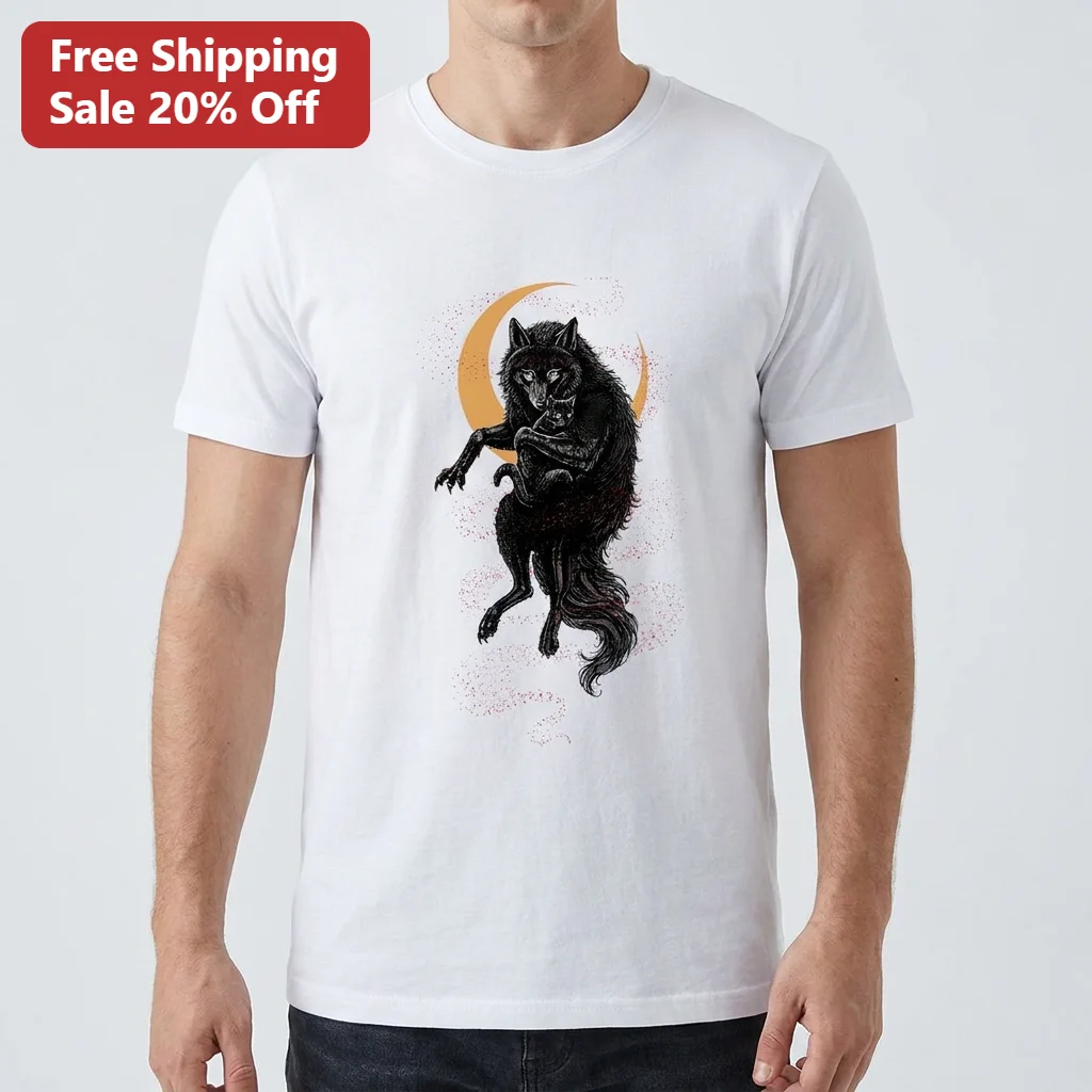 Black Wolf Cradling Cat Crescent Moon Tee, Mystical Celestial Animal Graphic Shirt Gift
