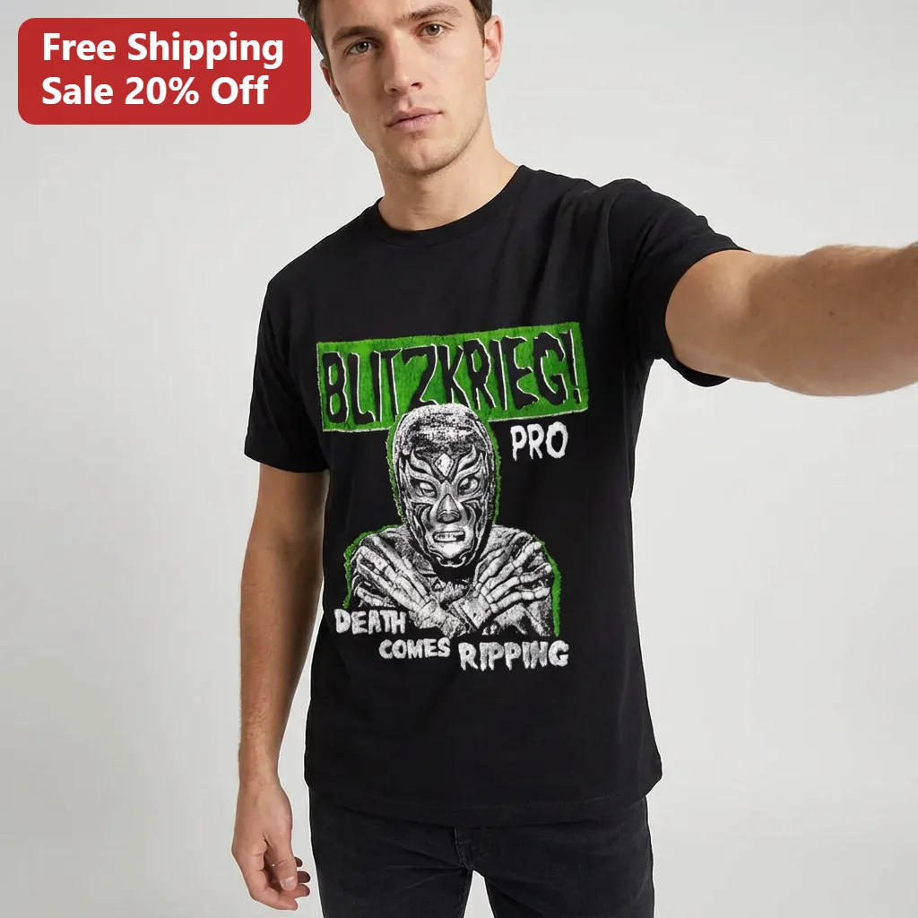 Blitzkrieg Pro Death Comes Ripping Luchador Mask Tee, Indie Wrestling Fan Gift Shirt