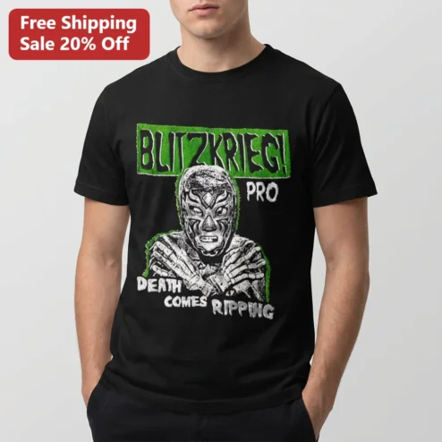 Blitzkrieg Pro Death Comes Ripping Luchador Mask Tee, Indie Wrestling Shirt Gift for Hardcore Wrestling Fans