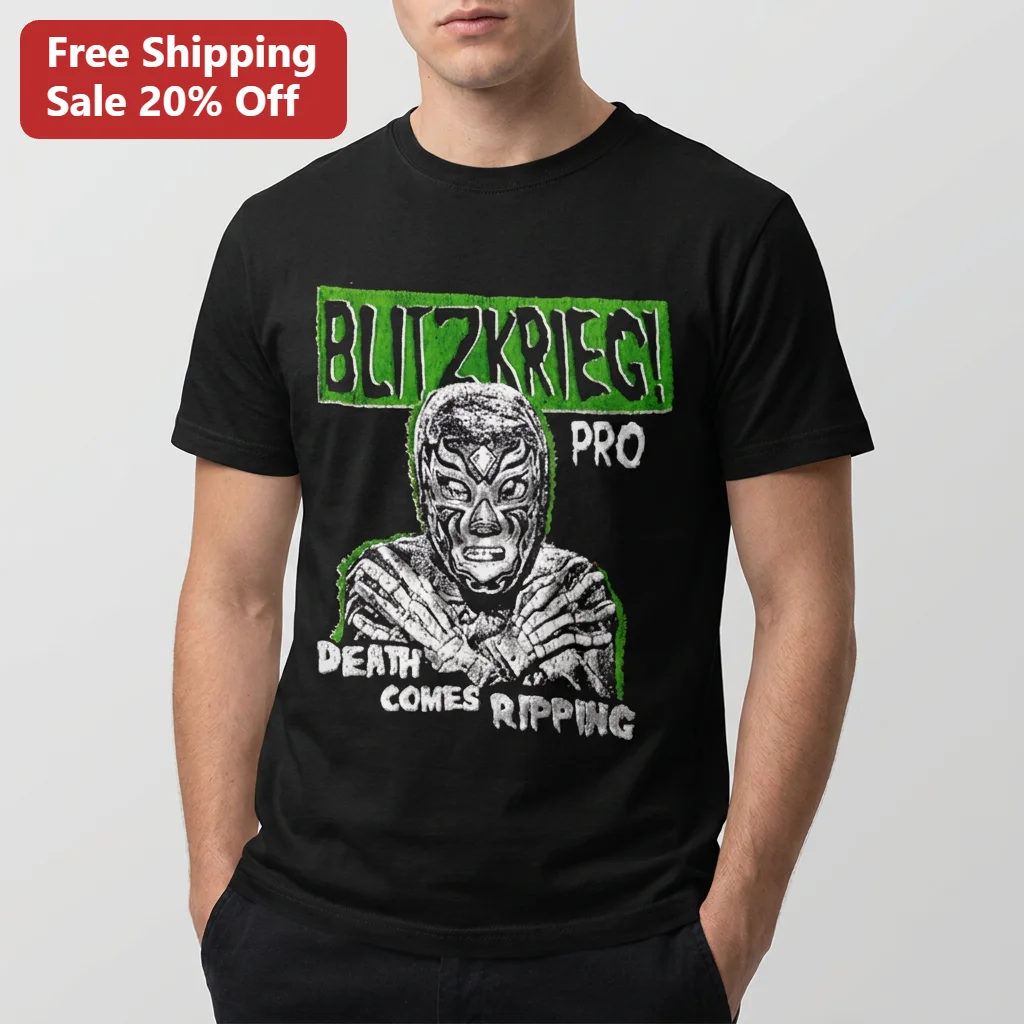 Blitzkrieg Pro Death Comes Ripping Luchador Mask Tee, Indie Wrestling Shirt Gift for Hardcore Wrestling Fans
