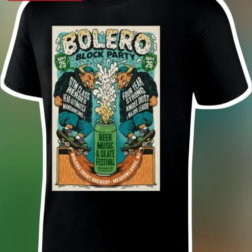 Bolero Block Party Beer Music Skate Festival Tee Retro Bull Skateboard Graphic Cotton Shirt