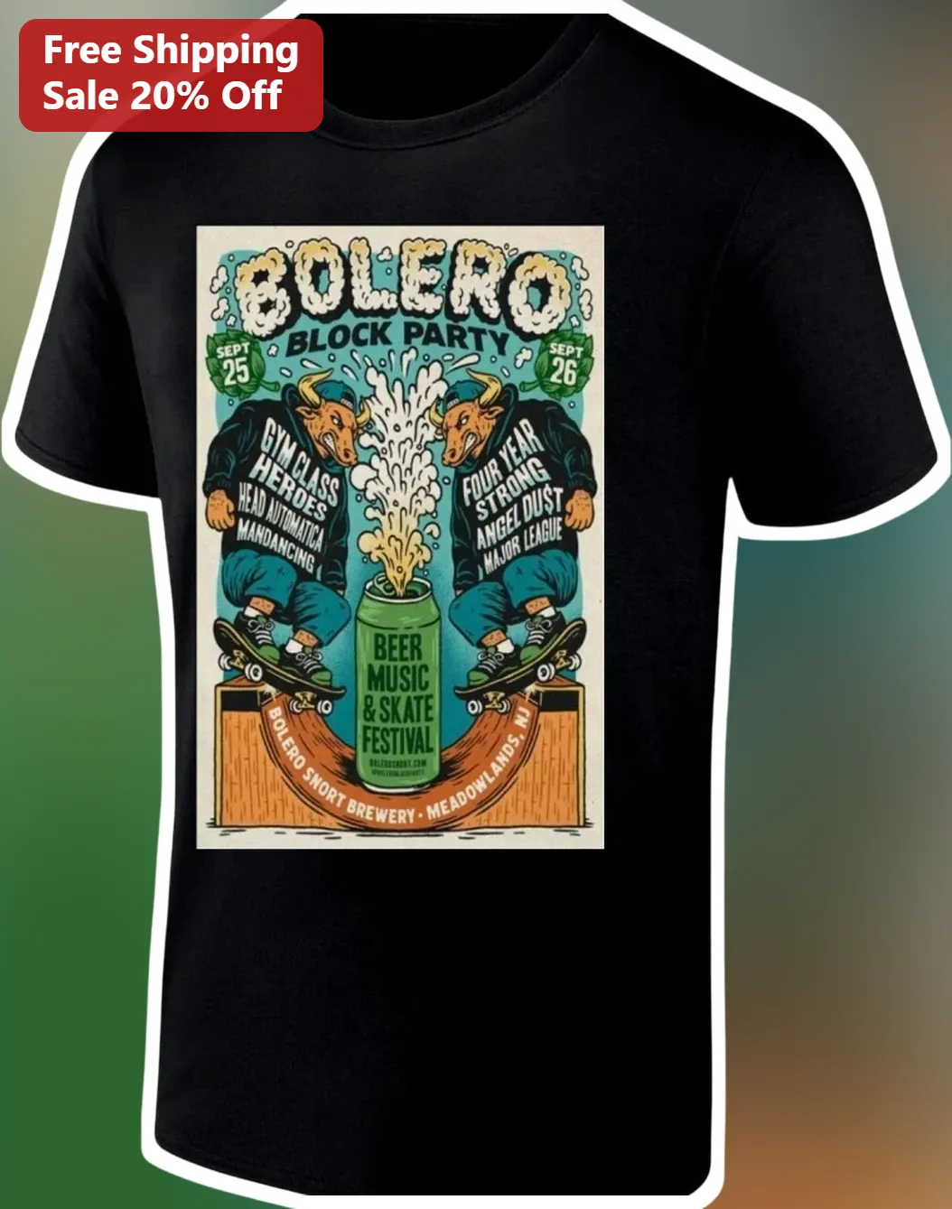 Bolero Block Party Beer Music Skate Festival Tee Retro Bull Skateboard Graphic Cotton Shirt