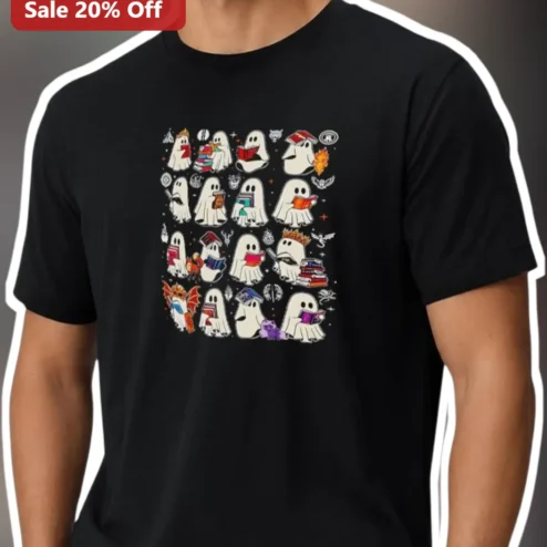 Book Lover Ghost Costume Pattern Tee Cute Halloween Reading Shirt for Teacher Librarian