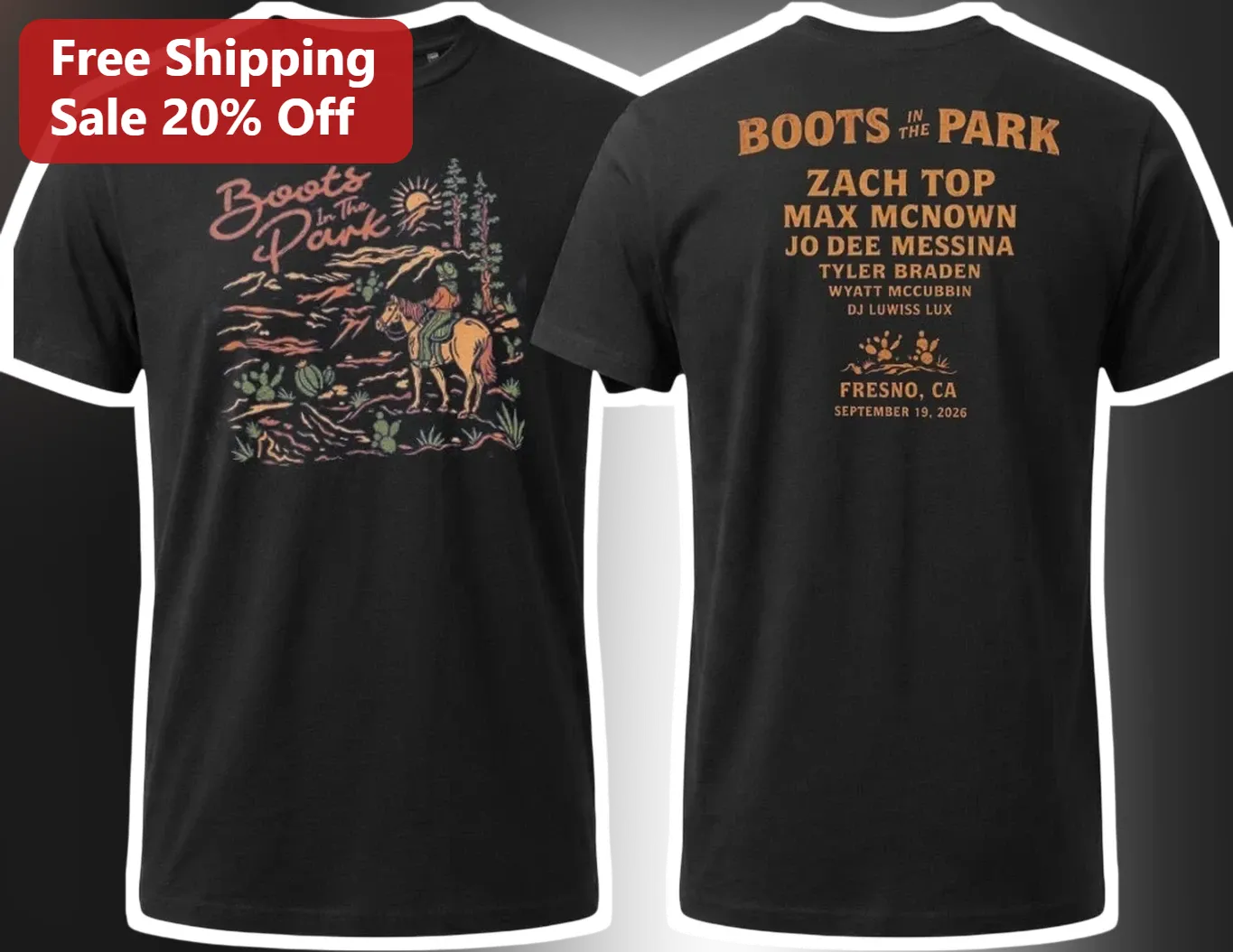 Boots In The Park Tee Country Music Festival Graphic Shirt Retro Western Sunset Design available at our Chicago, Illinois warehouse
