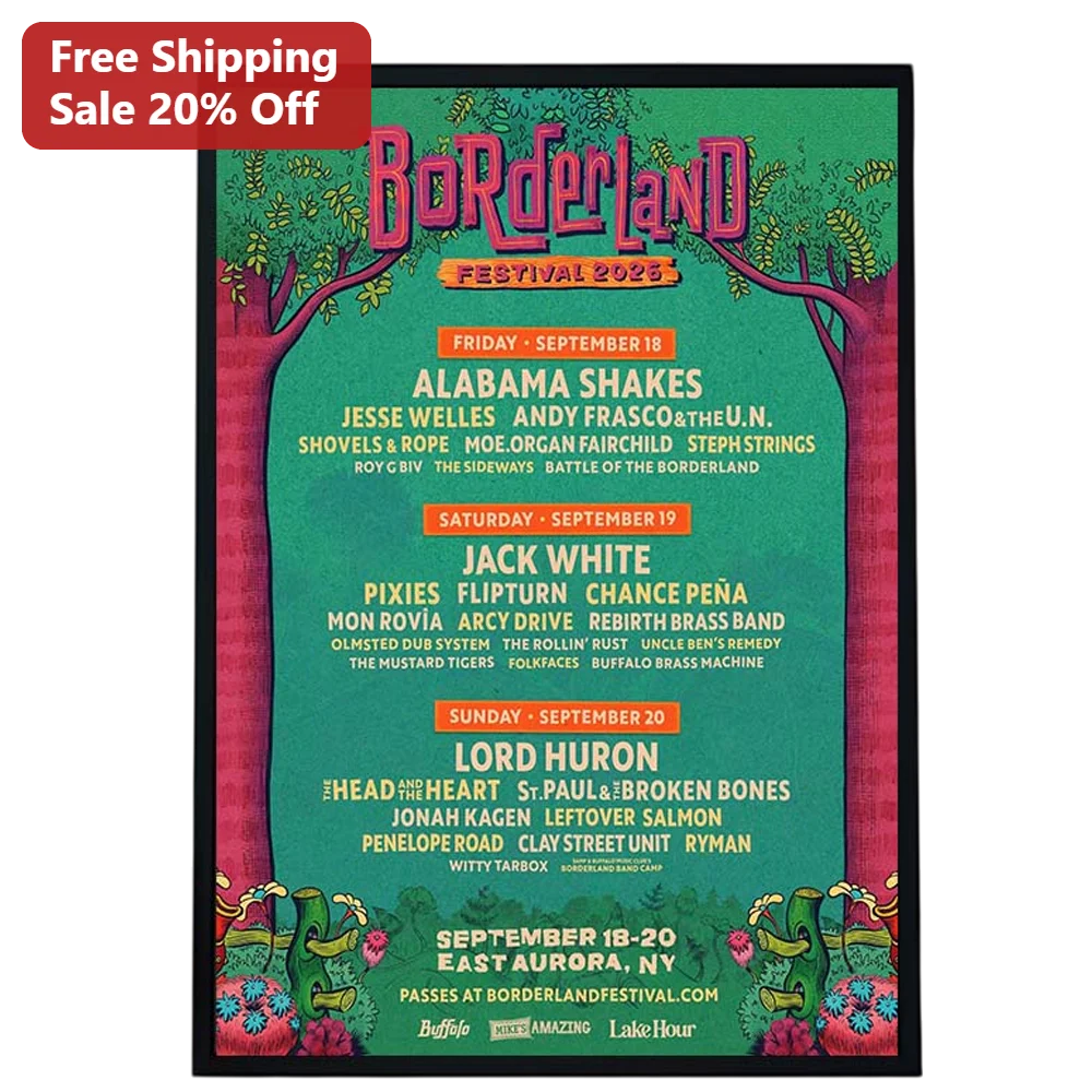 Borderland Festival 2026 Poster Vintage Psychedelic Concert Lineup Art East Aurora NY Music Festival Memorabilia