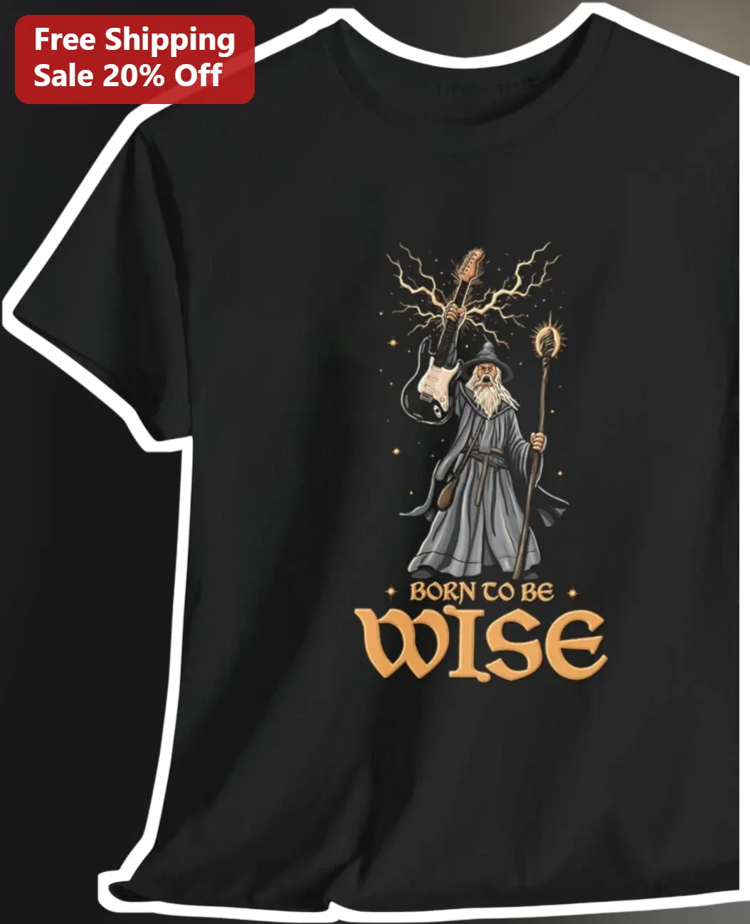 Born To Be Wise Wizard Rock Guitar Graphic Tee Funny Fantasy Musician Shirt Gift