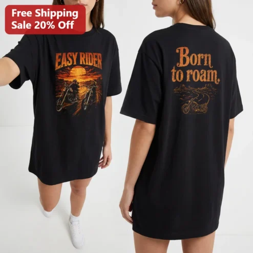 Born To Roam Easy Rider Vintage Motorcycle Tee, Retro Desert Chopper Biker Graphic Shirt