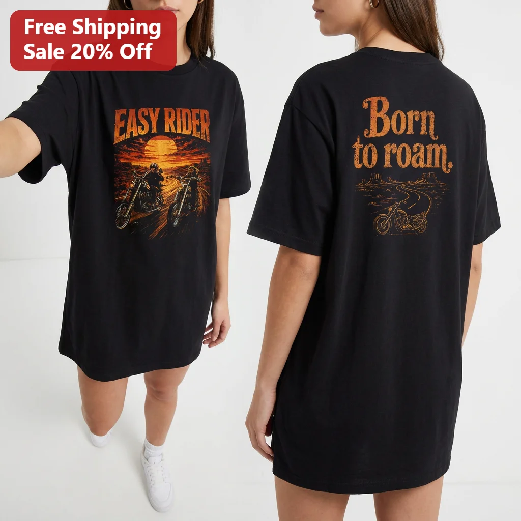 Born To Roam Easy Rider Vintage Motorcycle Tee, Retro Desert Chopper Biker Graphic Shirt